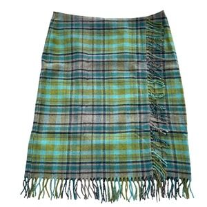 J Jill Skirt Womens 14P‎ Green Tartan Plaid Fringe Wool Flannel Faux Wrap Pencil